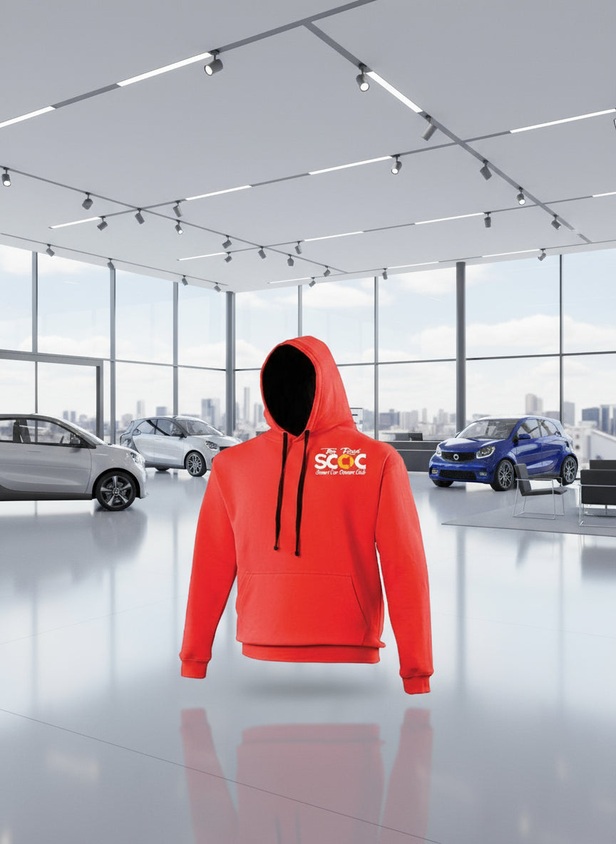 Red hoodie with a logo on a white background