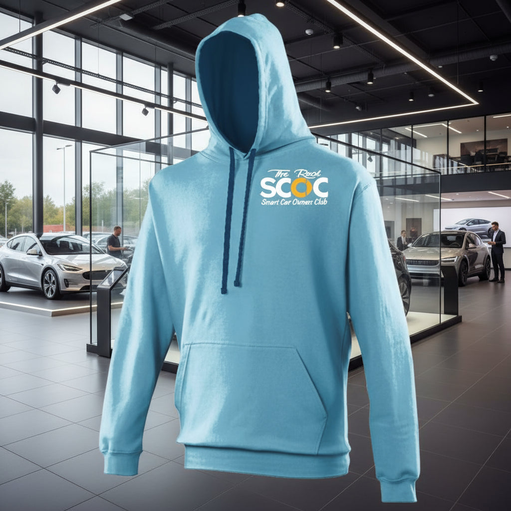 Light blue hoodie with a logo on the chest against a white background