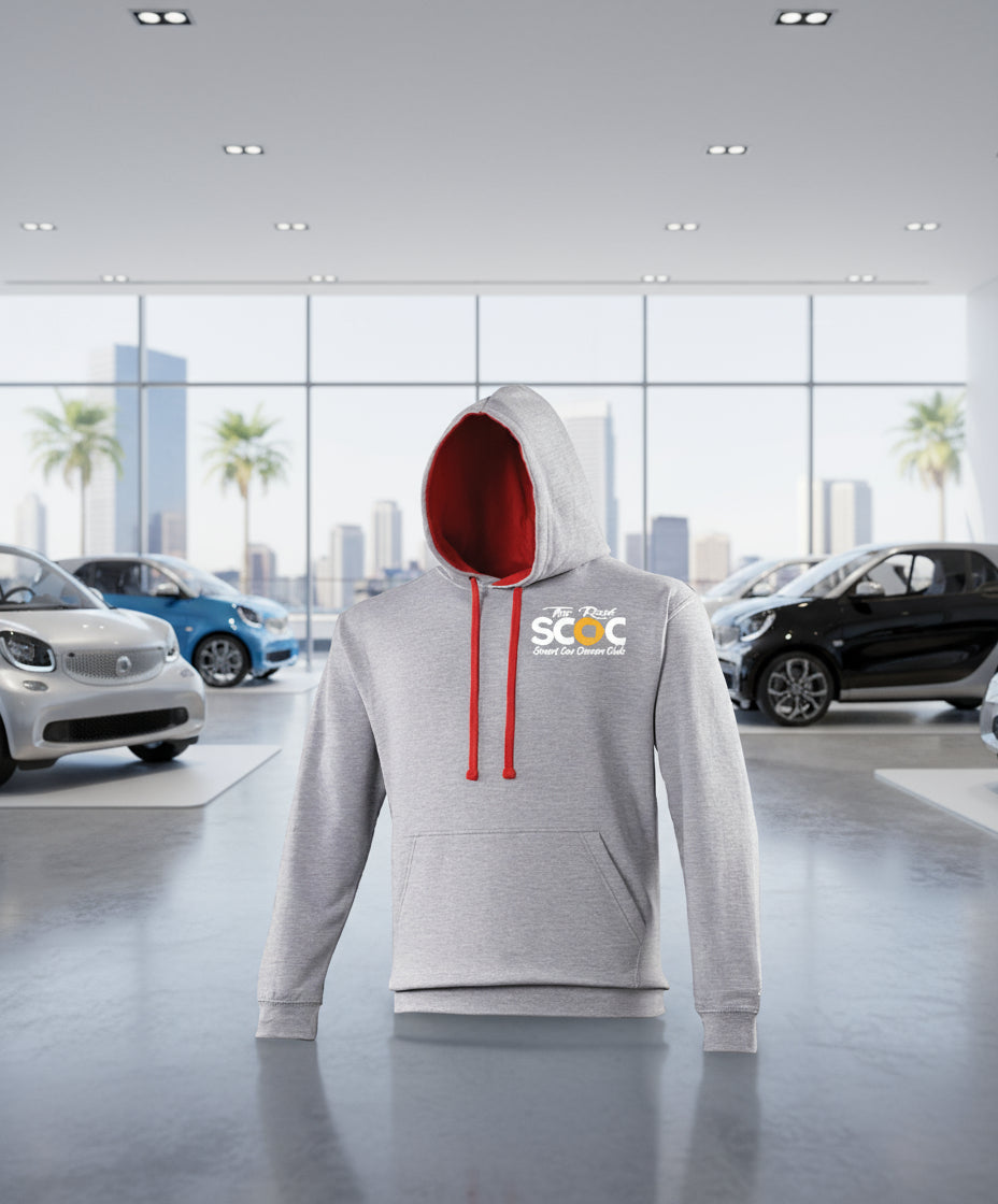 Gray hoodie with red drawstrings and a logo on a white background