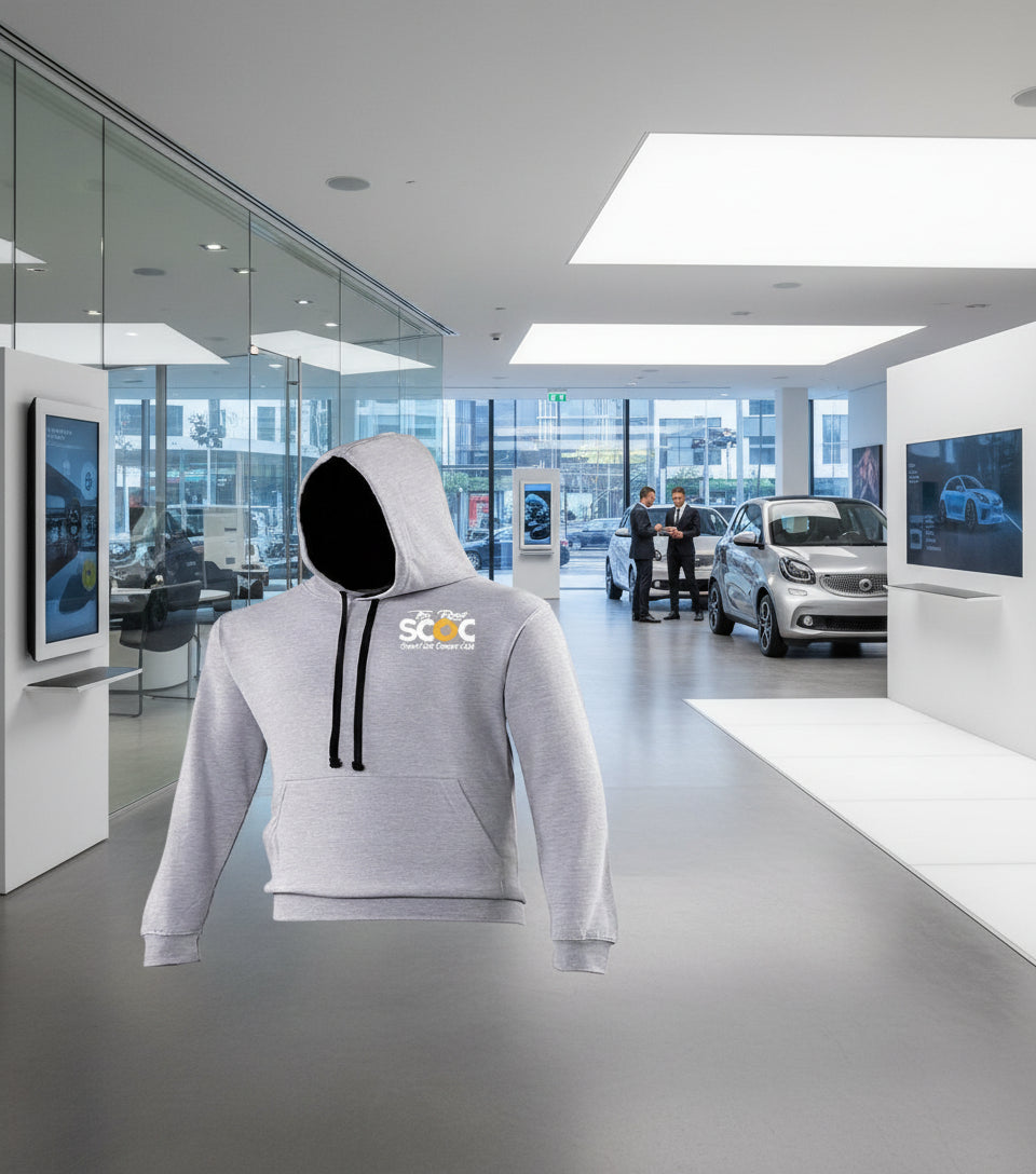 Gray hoodie with a logo on the chest against a white background