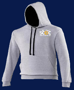 Gray hoodie with a logo on a white background