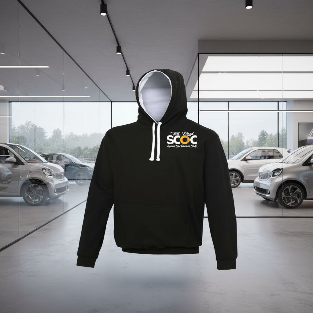 Black hoodie with a logo on the chest against a white background