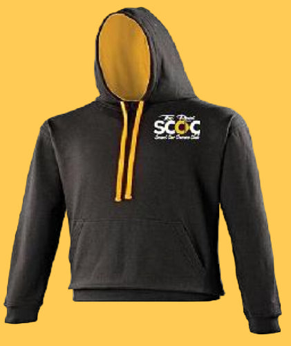 Black hoodie with yellow drawstrings and a logo on a white background