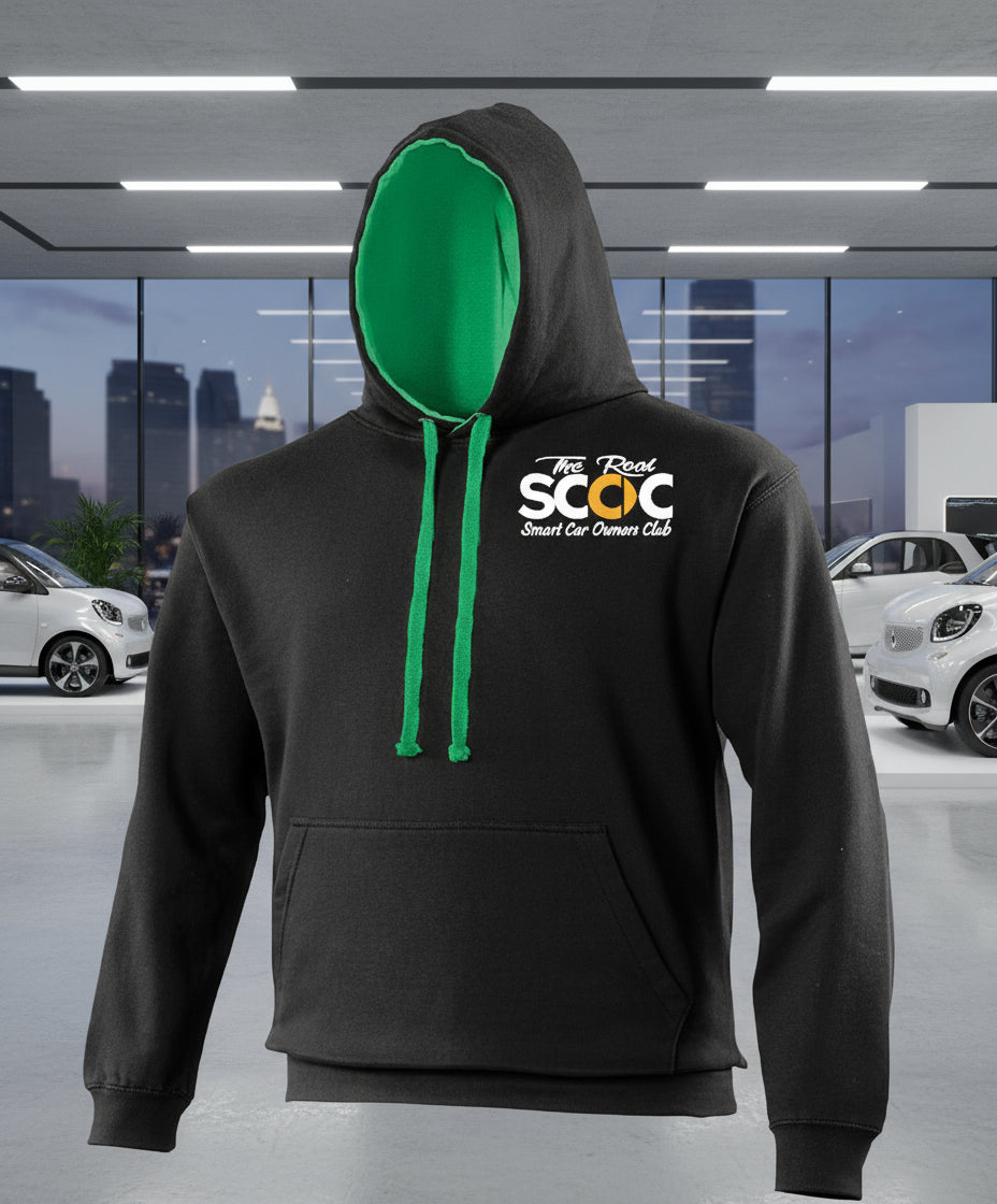 Black hoodie with green drawstrings and a logo on a white background