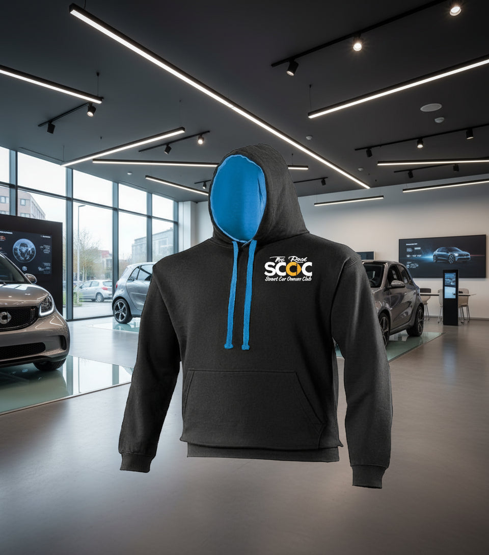 Black hoodie with blue drawstrings and a logo on the chest against a white background