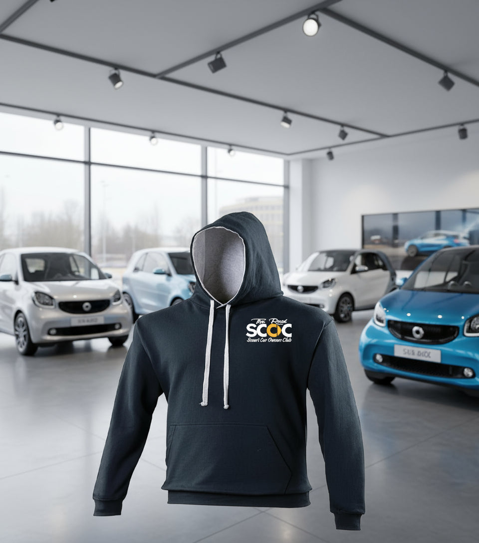 Black hoodie with a logo on the chest against a white background