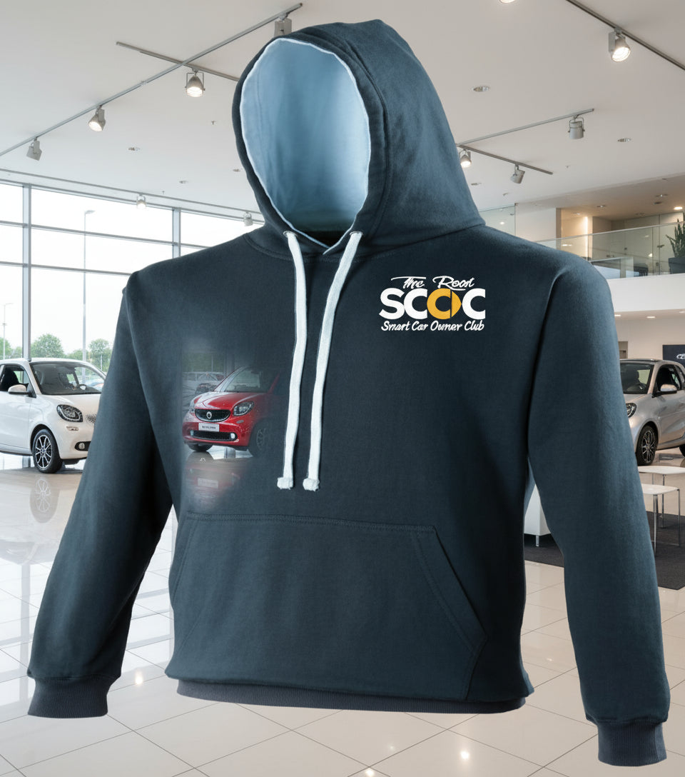 Dark gray hoodie with a logo on the chest against a white background