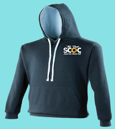 Black hoodie with a logo on a blue background