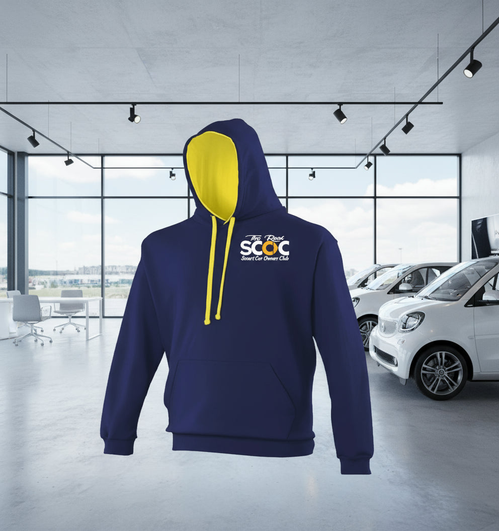Navy blue hoodie with yellow hood and SCOC logo on a white background