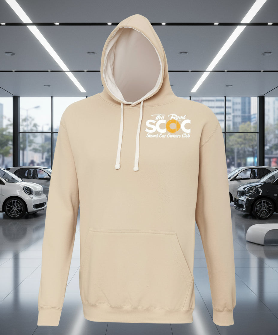 Beige hoodie with a logo on a white background