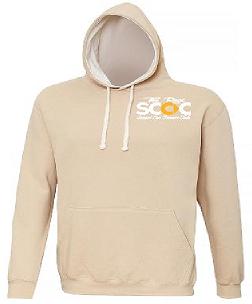 Beige hoodie with a logo on the chest against a white background