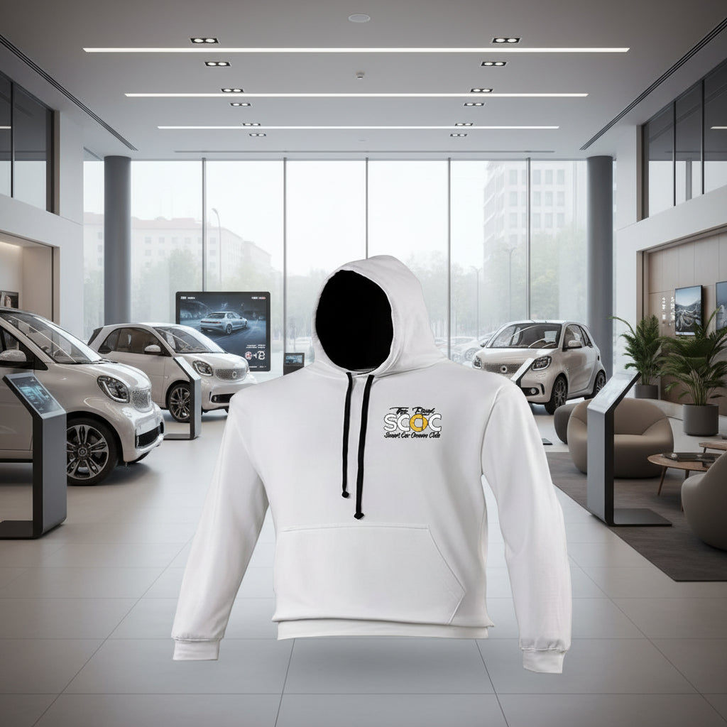 White hoodie with a logo on a white background
