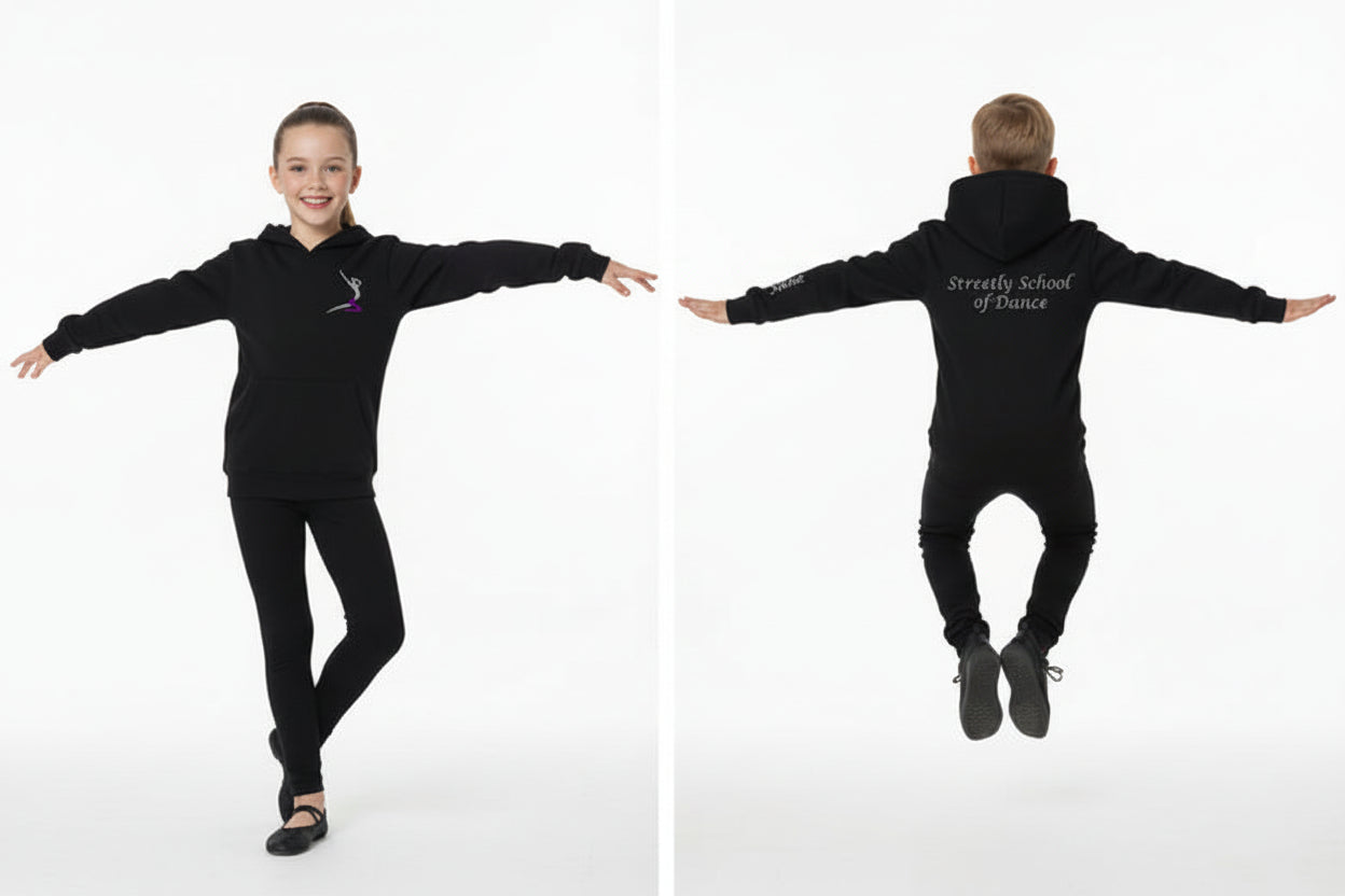 Two images of a person wearing a black hoodie with a logo, one facing forward and one facing backward on a white background.