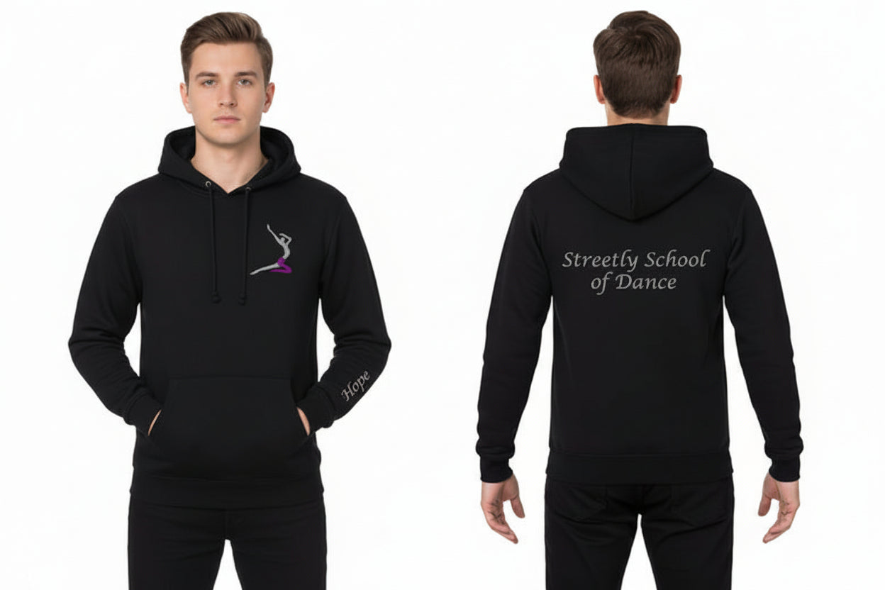 Black hoodie with 'Streetly School of Dance' logo on front and text on back, worn by a person.