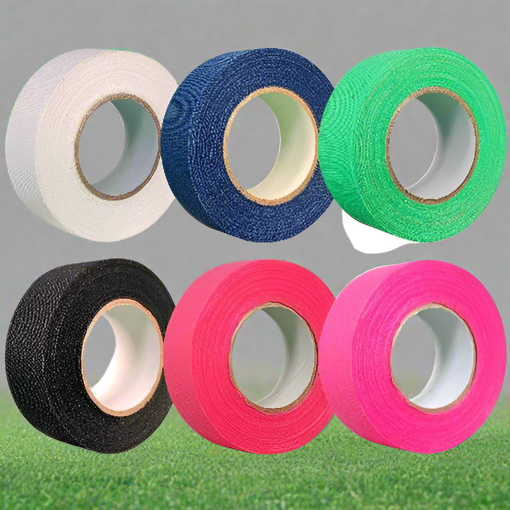 A selection of six hockey stick tapes in white, black, blue, green, red and pink colors, arranged side by side.