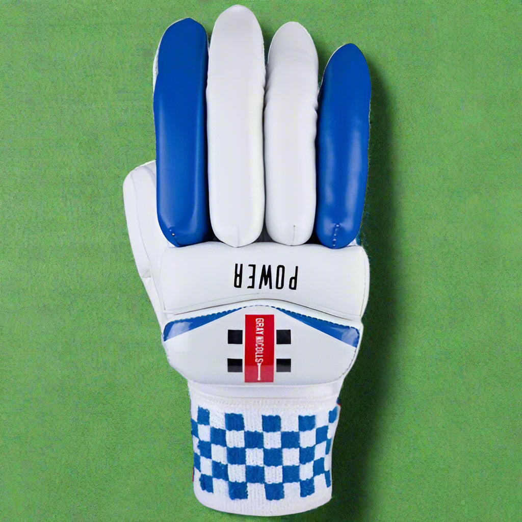 A pair of youth-sized batting gloves with blue and white checkered pattern, featuring leather palms and pre-curved fingers.