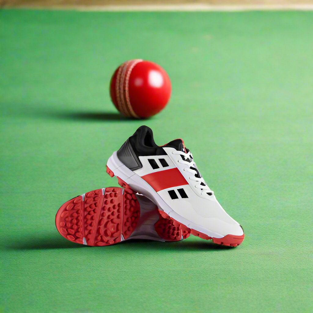 A pair of white, red, and black Gray Nicolls cricket shoes with a low-profile rubber outsole, designed for all levels of cricket.