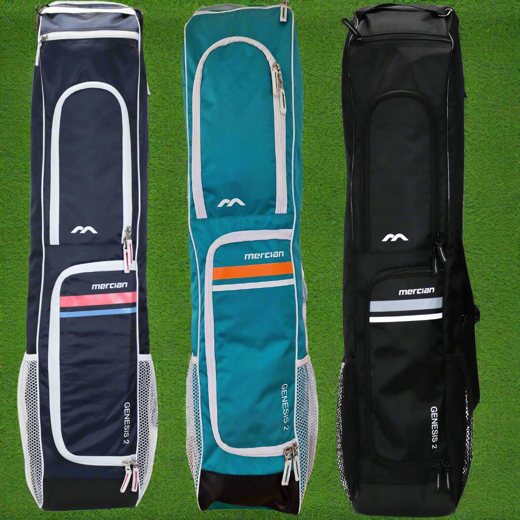 Three Mercian Genesis 2 hockey stick bags in black, navy, and mint colors, displayed side by side.