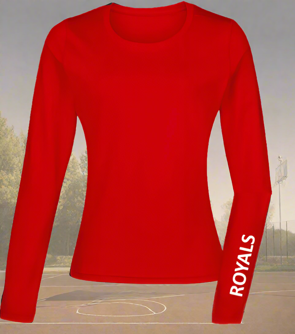 A red long sleeve baselayer with the word ROYALS printed in white on the left arm.