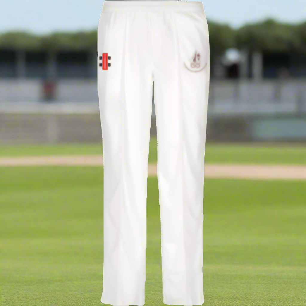 Junior cricket trousers in white with an embroidered Lichfield CC logo on the left leg and the Gray-Nicolls logo on the right pocket.