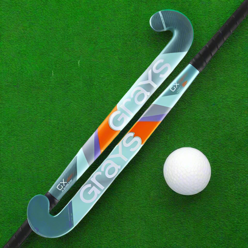 A Grays GX 3000 Ultrabow field hockey stick with a straight shape, featuring green, blue, orange, and gray colors on the blade.