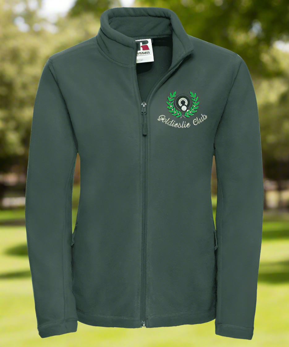 Women's full-zip green fleece with 'Goldieslie Bowls Club' logo embroidered on the front.