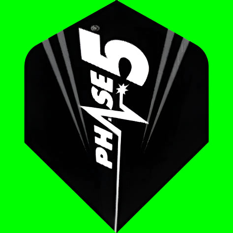 A black dart flight from Unicorn with the text 'PHASE 5' and a graphic design.