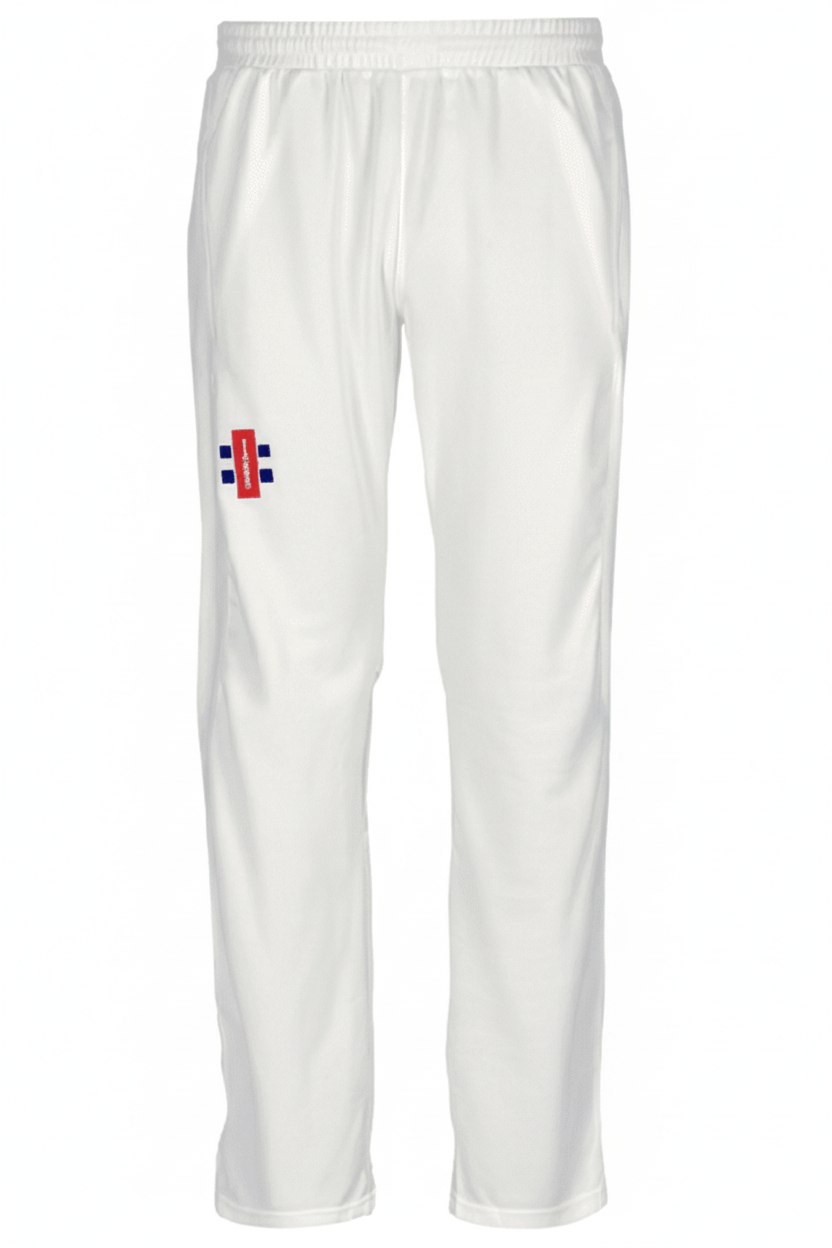 A pair of white cricket trousers with a crease and logos on the lower left leg and upper right thigh. The trousers have an elasticated waistband and are displayed against a white background.