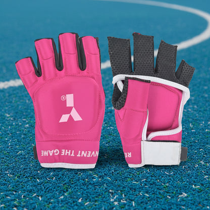 Pink gloves with black accents on a blue background