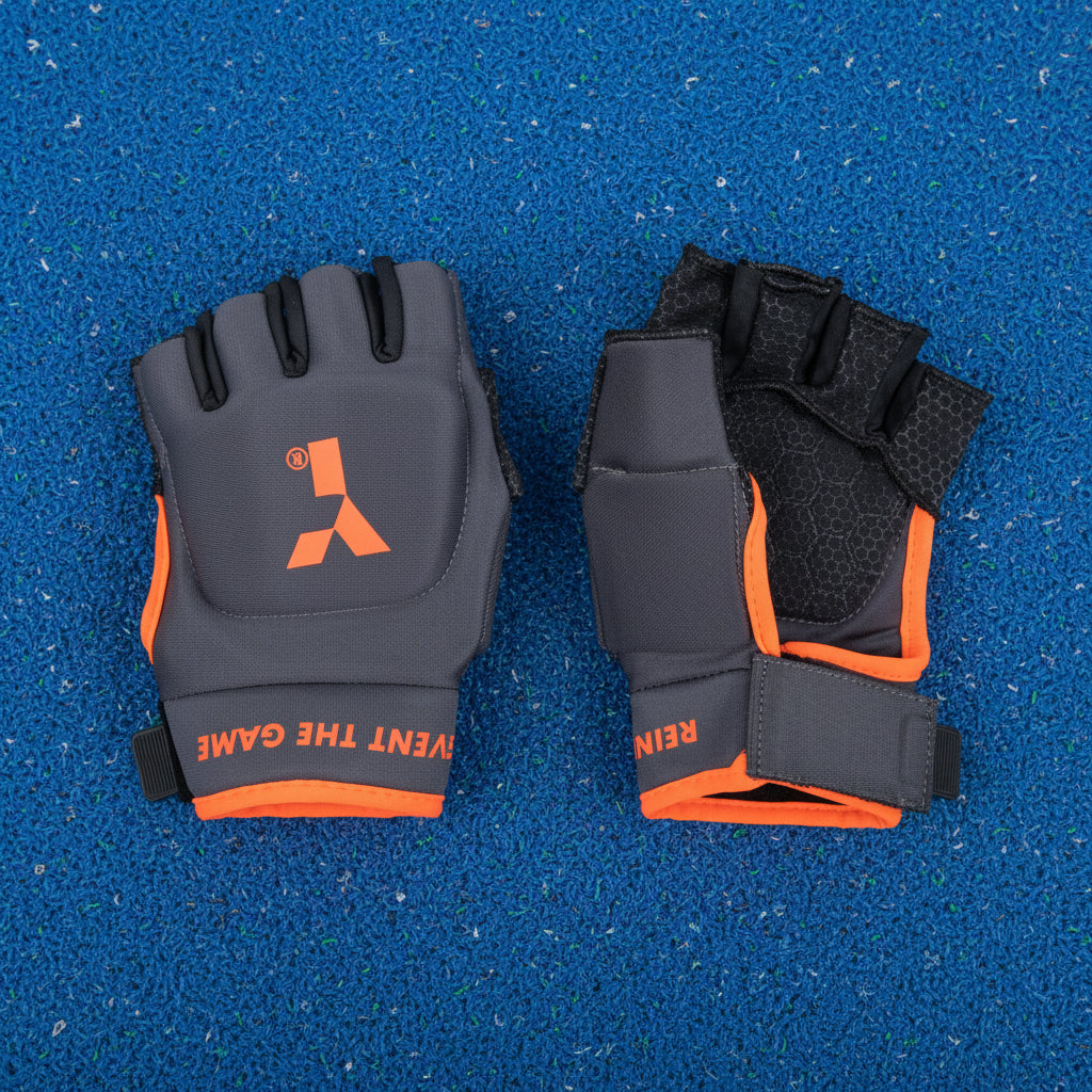 Gray and orange gloves with brand logo on a white background