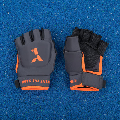 Gray and orange gloves with brand logo on a white background