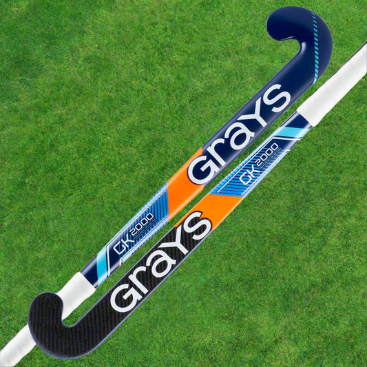Grays hockey stick with blue, orange, and white design on a white background