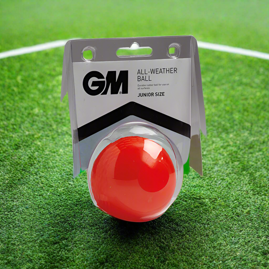 A red cricket ball in a clear plastic packaging with the brand name 'GM' and the product description 'All Weather Ball Junior Size' displayed on the label.