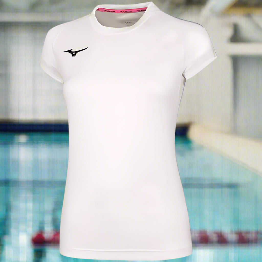 White athletic shirt with a logo on a white background