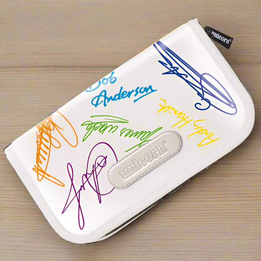 A white Unicorn dart wallet with multiple signatures and the brand name 'Unicorn' on the front cover.