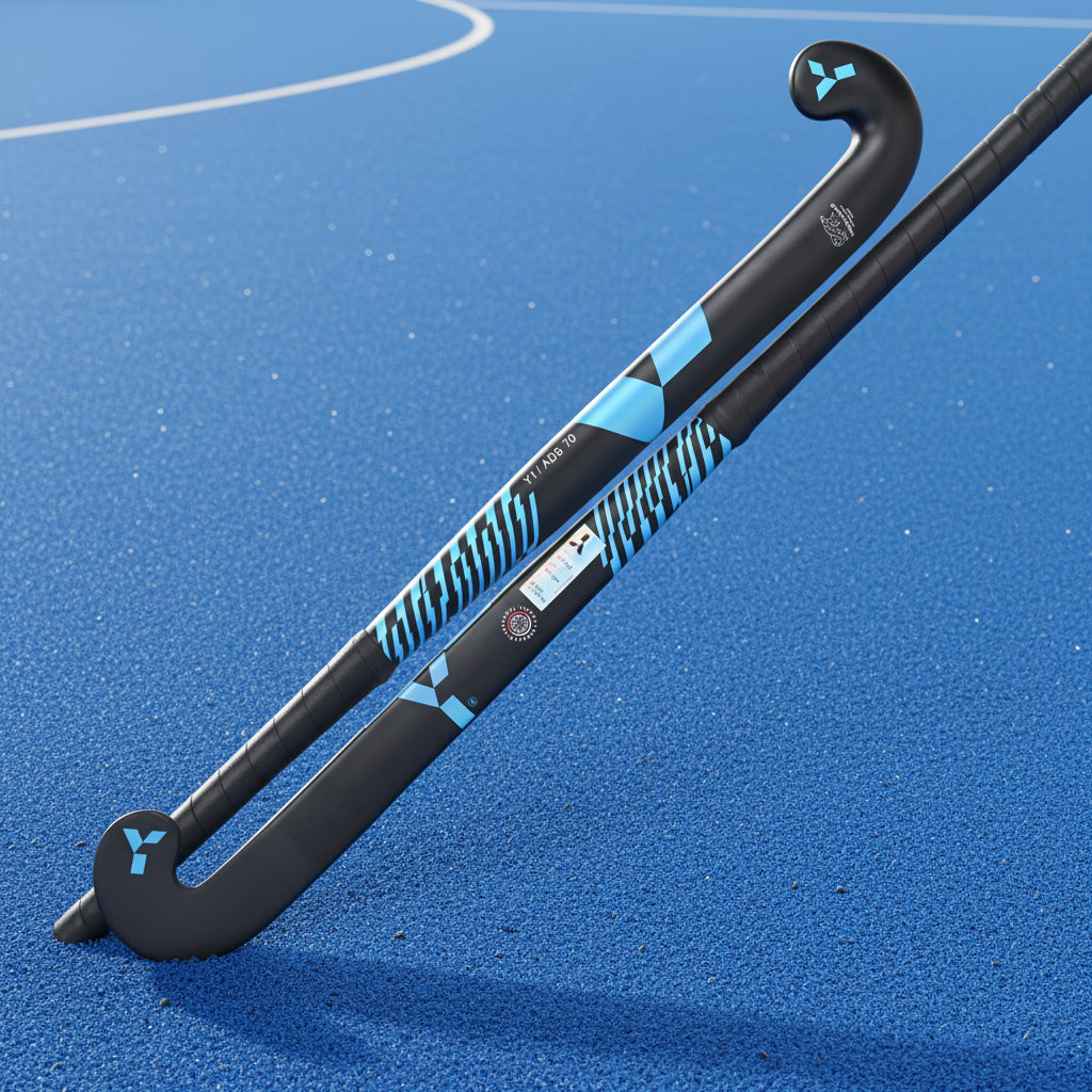 Black and blue hockey stick on a white background