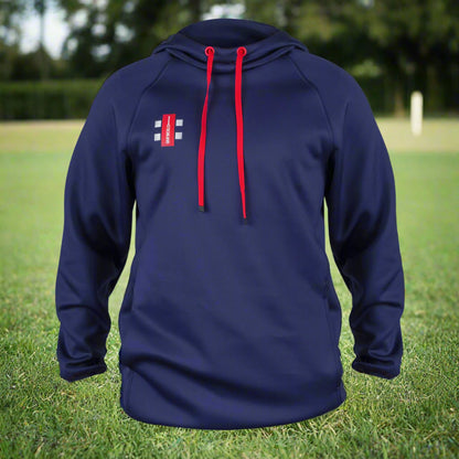 Navy blue hoodie with red drawstrings on a white background
