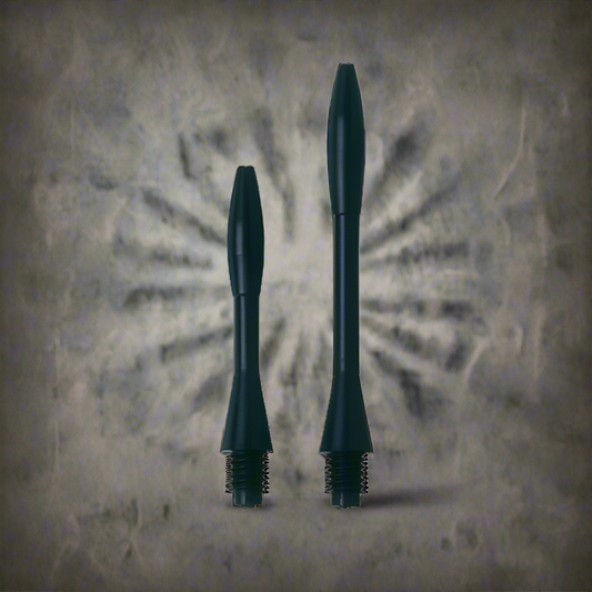 Two black dart shafts of different lengths with threaded ends, isolated on a white background.