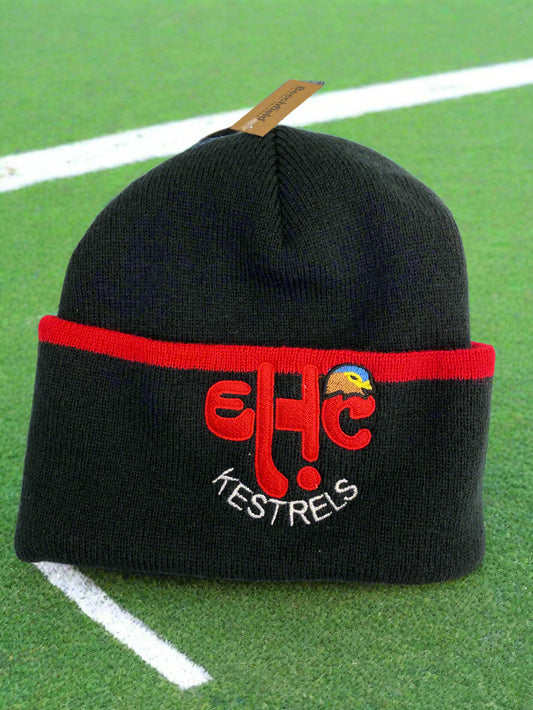 Black beanie with red band and logo on a white background
