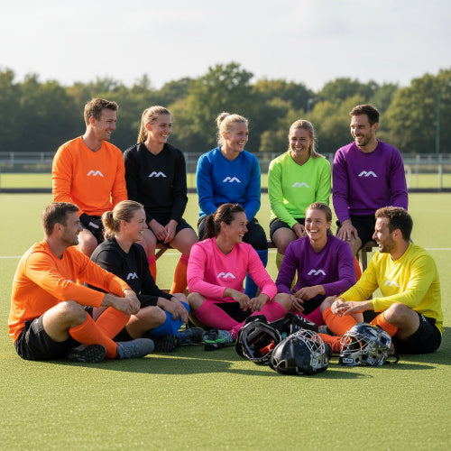 Colorful long-sleeve shirts on a rack against a gray background