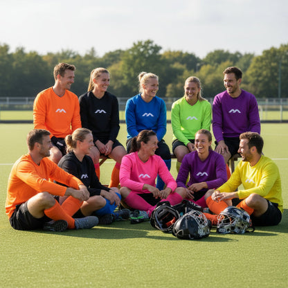 Colorful long-sleeve shirts on a rack against a gray background