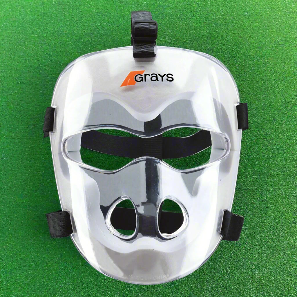 clear face mask with grays branding and black straps
