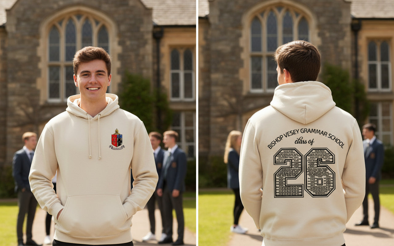 Beige hoodie with Bishop Vesey Grammar School logo and 'Class of 26' text on a white background