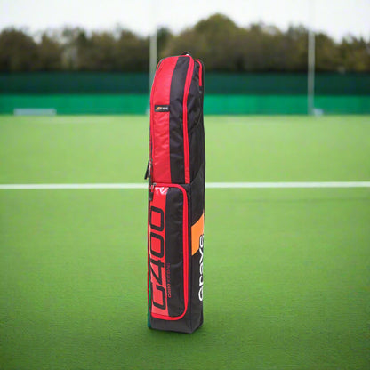 Red and black sports bag with branding on a white background