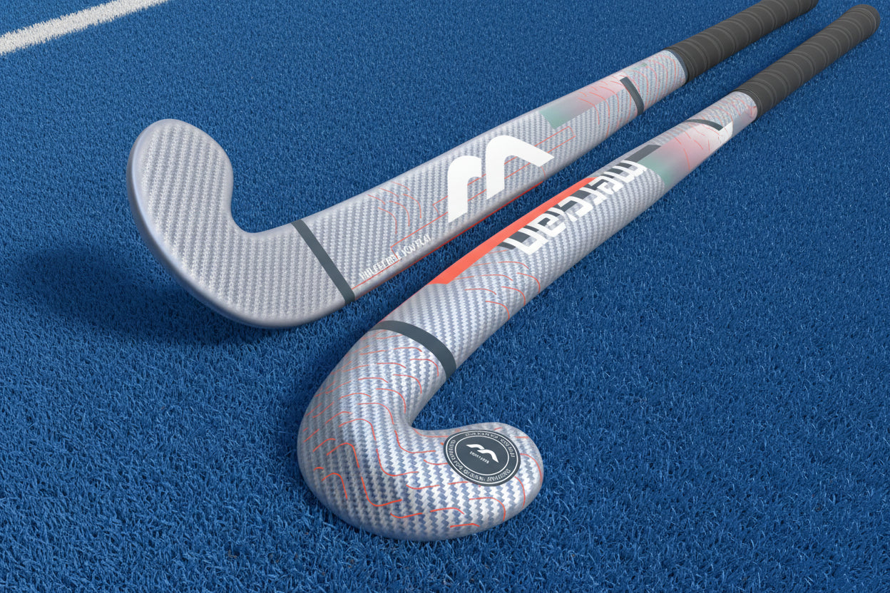 Two hockey sticks with a brand logo on a white background