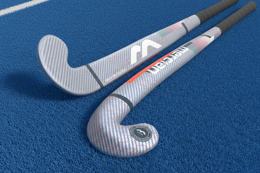 Two hockey sticks with a brand logo on a white background