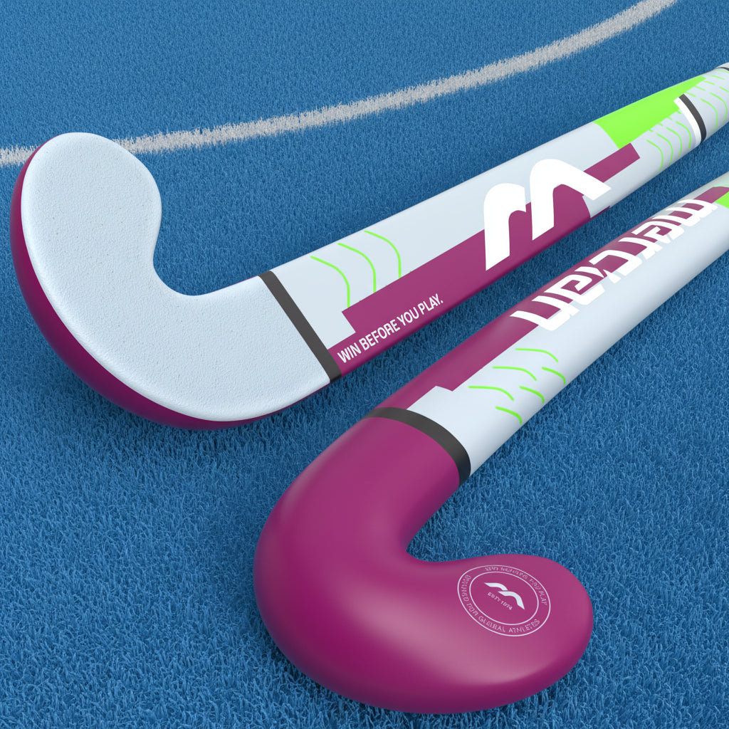 Pink and white hockey stick with brand logo on a white background