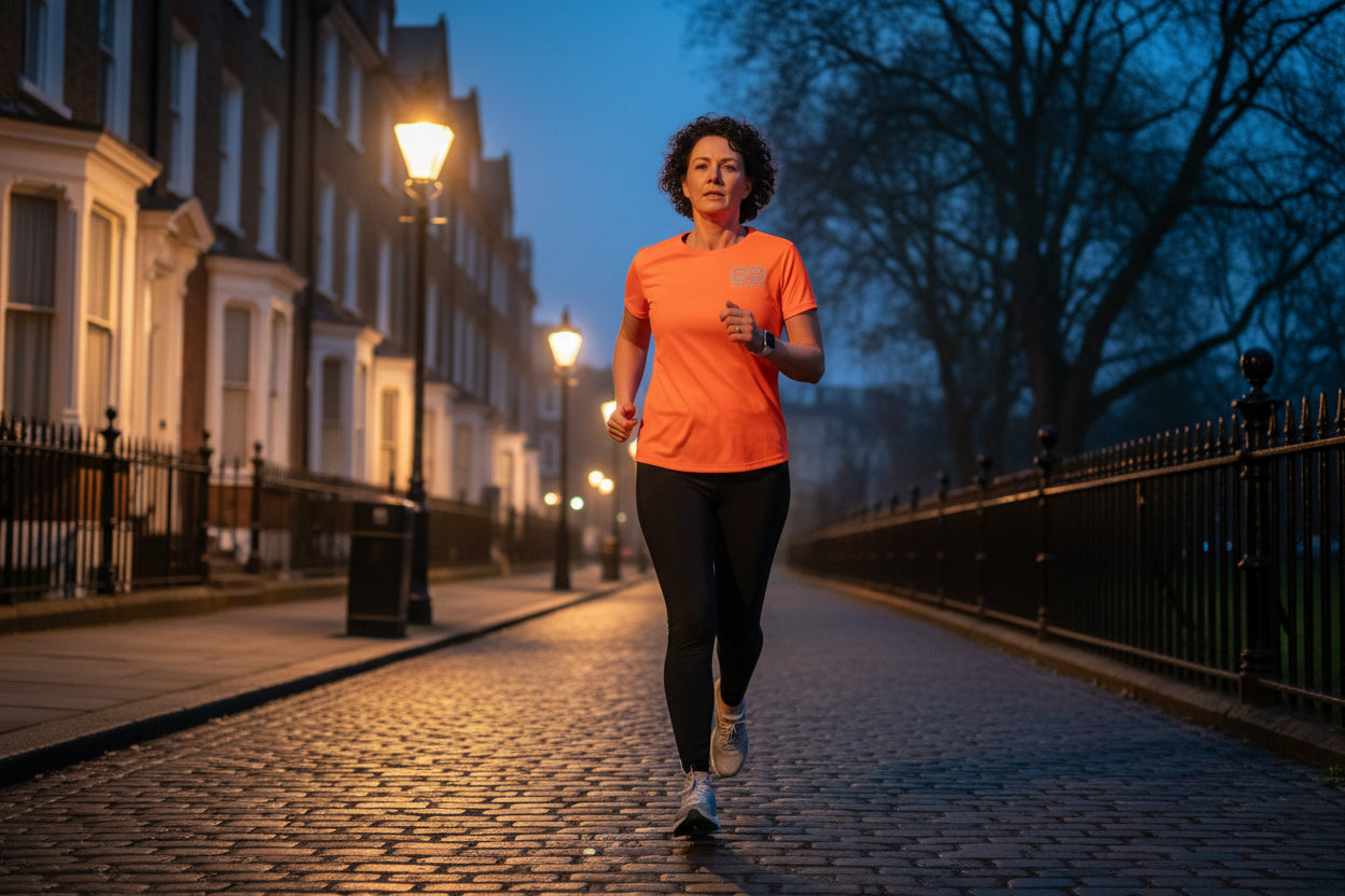 Person wearing an orange t-shirt with a logo against a green leafy background