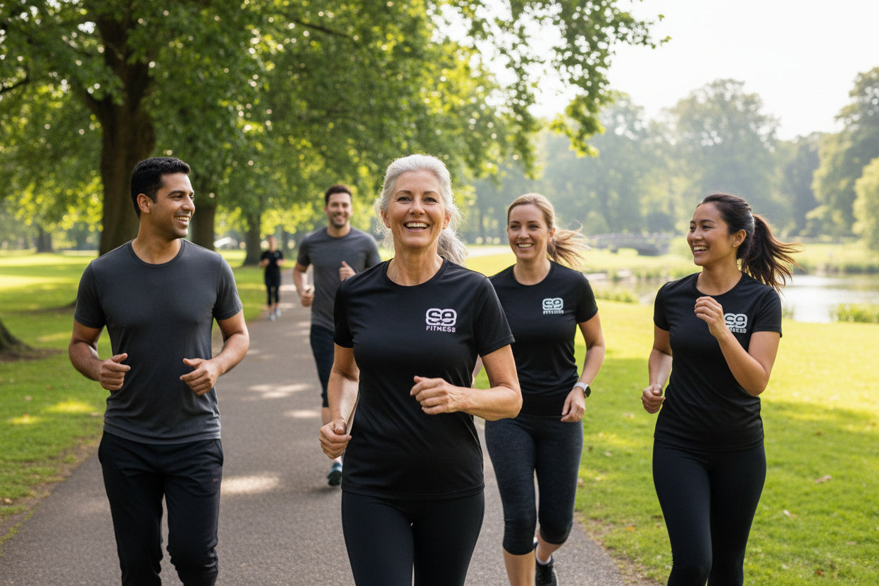 Person wearing a black t-shirt with 'SE Fitness' logo against a green leafy background