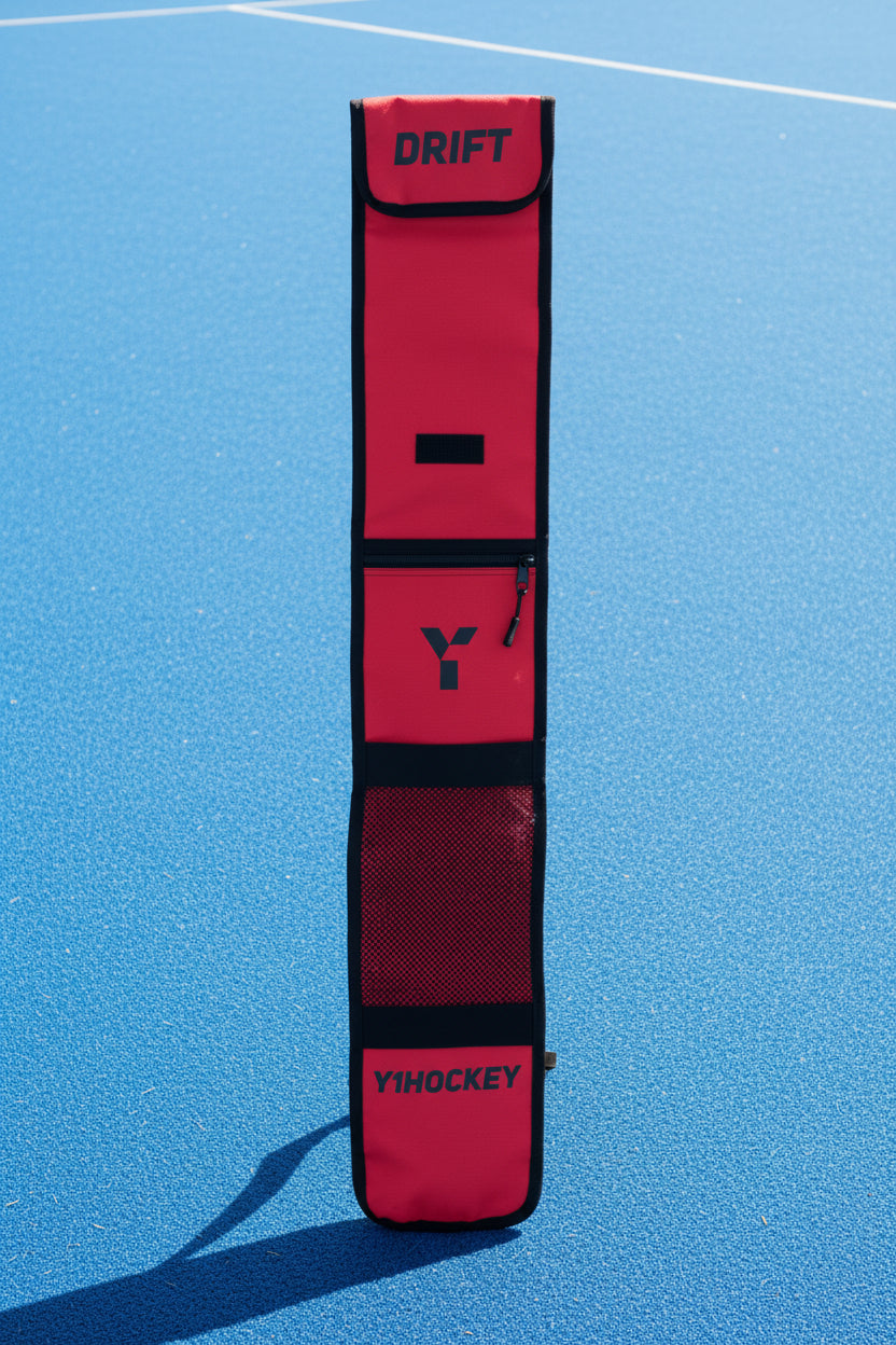 Red hockey stick bag with 'Drift' and 'YiHockey' branding on a white background